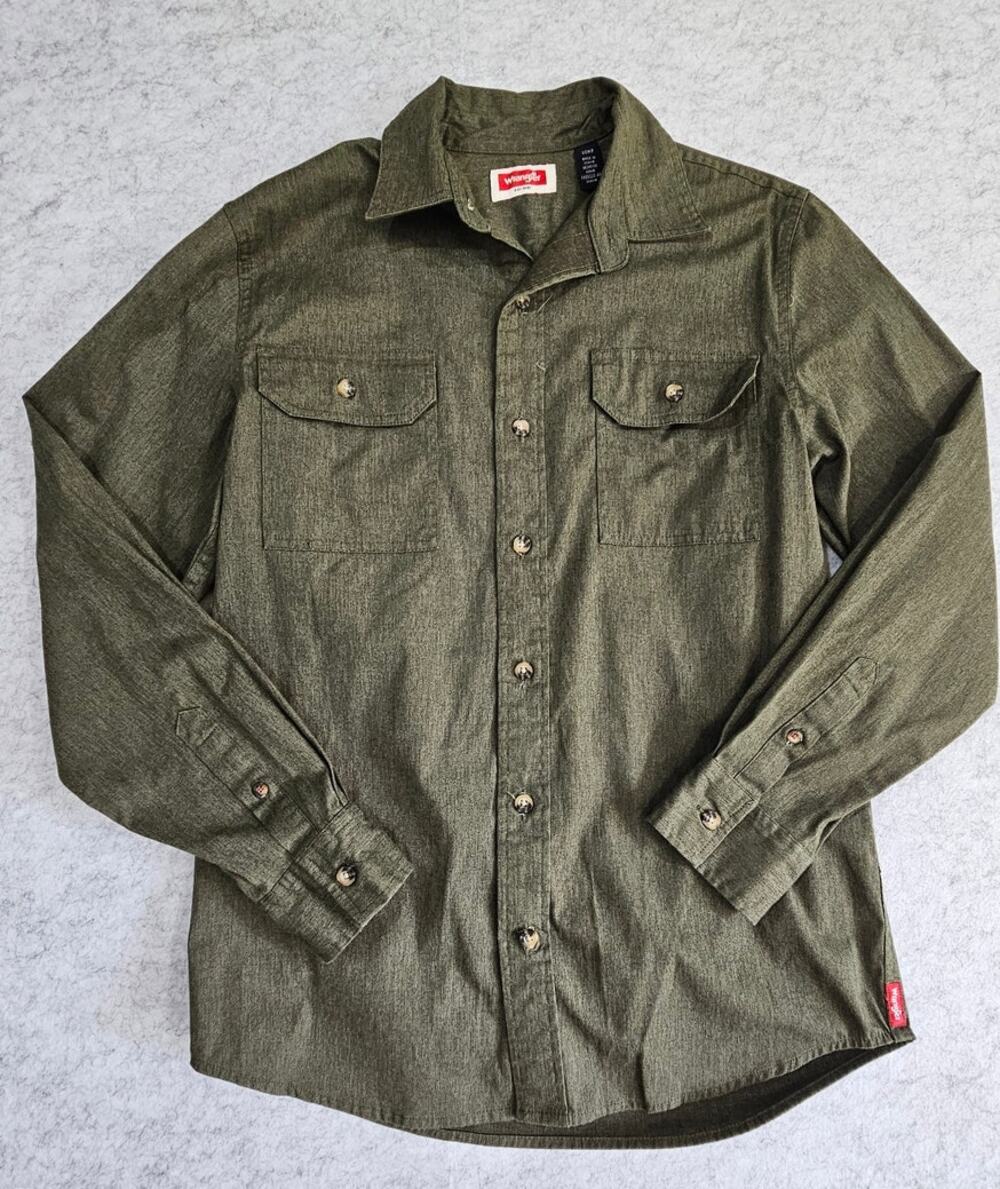 Wrangler Mens Button-Up Utility Shirt Olive Green Long Sleeve Size S